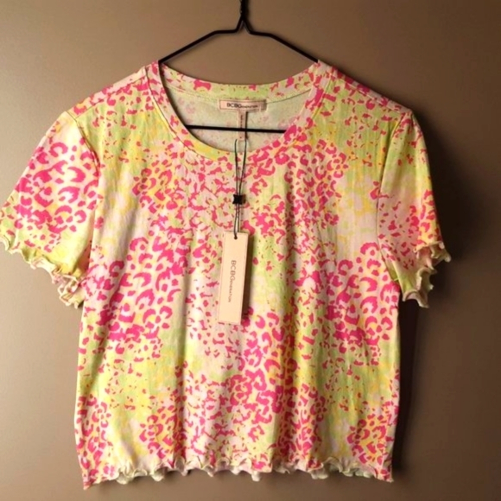 New BCBGeneration Short Sleeve Cropped T-shirt Neon Berry Print, M